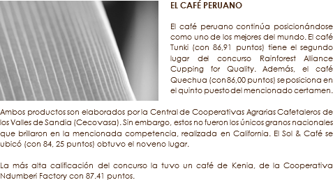 ﷯EL CAFÉ PERUANO El café peruano continúa posicionándose como uno de los mejores del mundo. El café Tunki (con 86,91 puntos) tiene el segundo lugar del concurso Rainforest Alliance Cupping for Quality. Además, el café Quechua (con 86,00 puntos) se posiciona en el quinto puesto del mencionado certamen. Ambos productos son elaborados por la Central de Cooperativas Agrarias Cafetaleros de los Valles de Sandia (Cecovasa). Sin embargo, estos no fueron los únicos granos nacionales que brillaron en la mencionada competencia, realizada en California. El Sol & Café se ubicó (con 84, 25 puntos) obtuvo el noveno lugar. La más alta calificación del concurso la tuvo un café de Kenia, de la Cooperativa Ndumberi Factory con 87.41 puntos.
